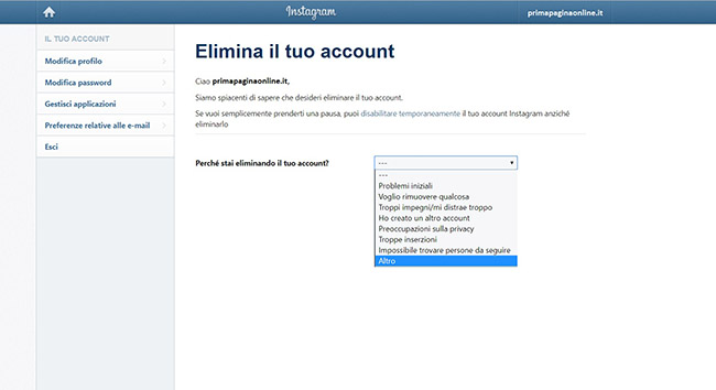 eliminare account instagram