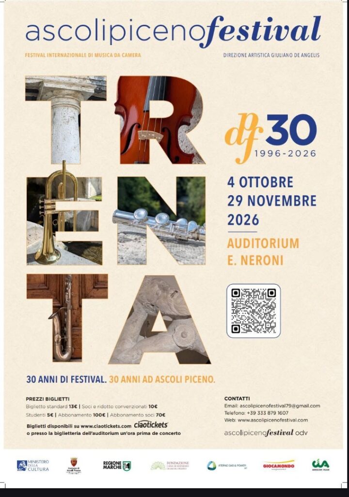 AscoliPicenoFestival 2026, APF30, concerti Ascoli Piceno ottobre novembre, Festival musica da camera Ascoli, programma AscoliPicenoFestival, trentennale AscoliPicenoFestival, Auditorium Neroni concerti