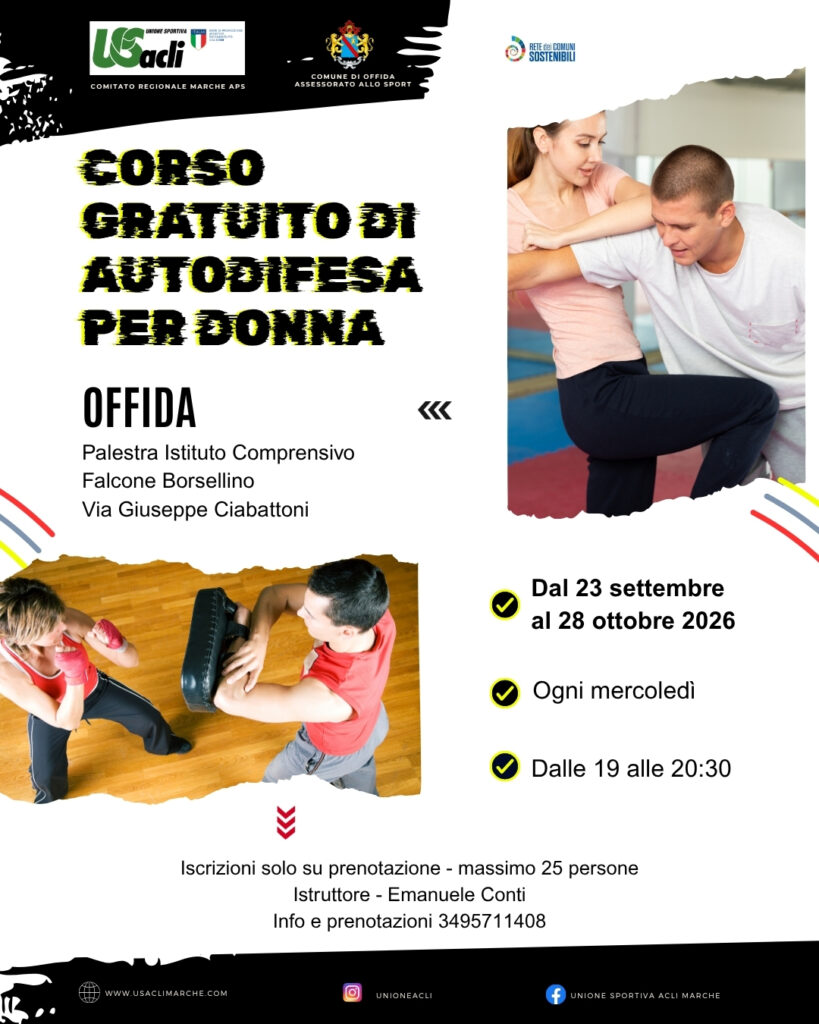 corso autodifesa donne Offida, autodifesa gratuita Marche, corso Emanuele Conti, sicurezza personale donne, eventi Offida settembre 2026, iscrizioni autodifesa Offida