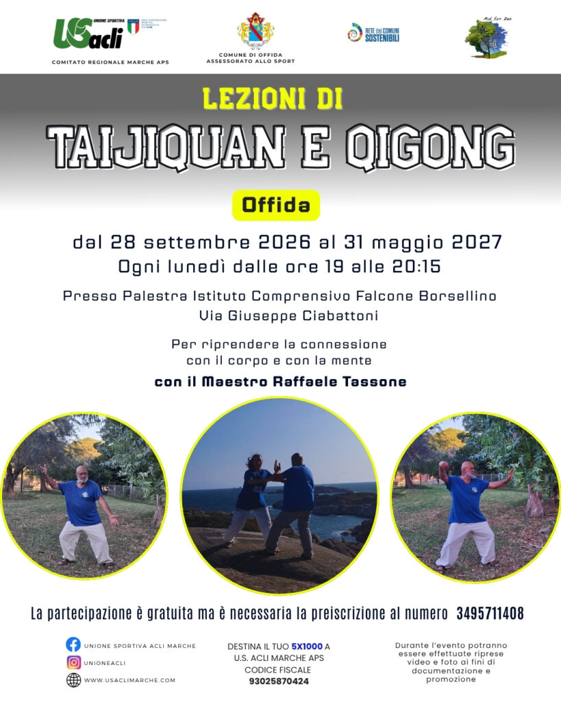 corso taijiquan Offida, corso qigong Offida, taijiquan gratis, qigong gratuito, attività sportiva Offida, benessere Marche, Raffaele Tassone