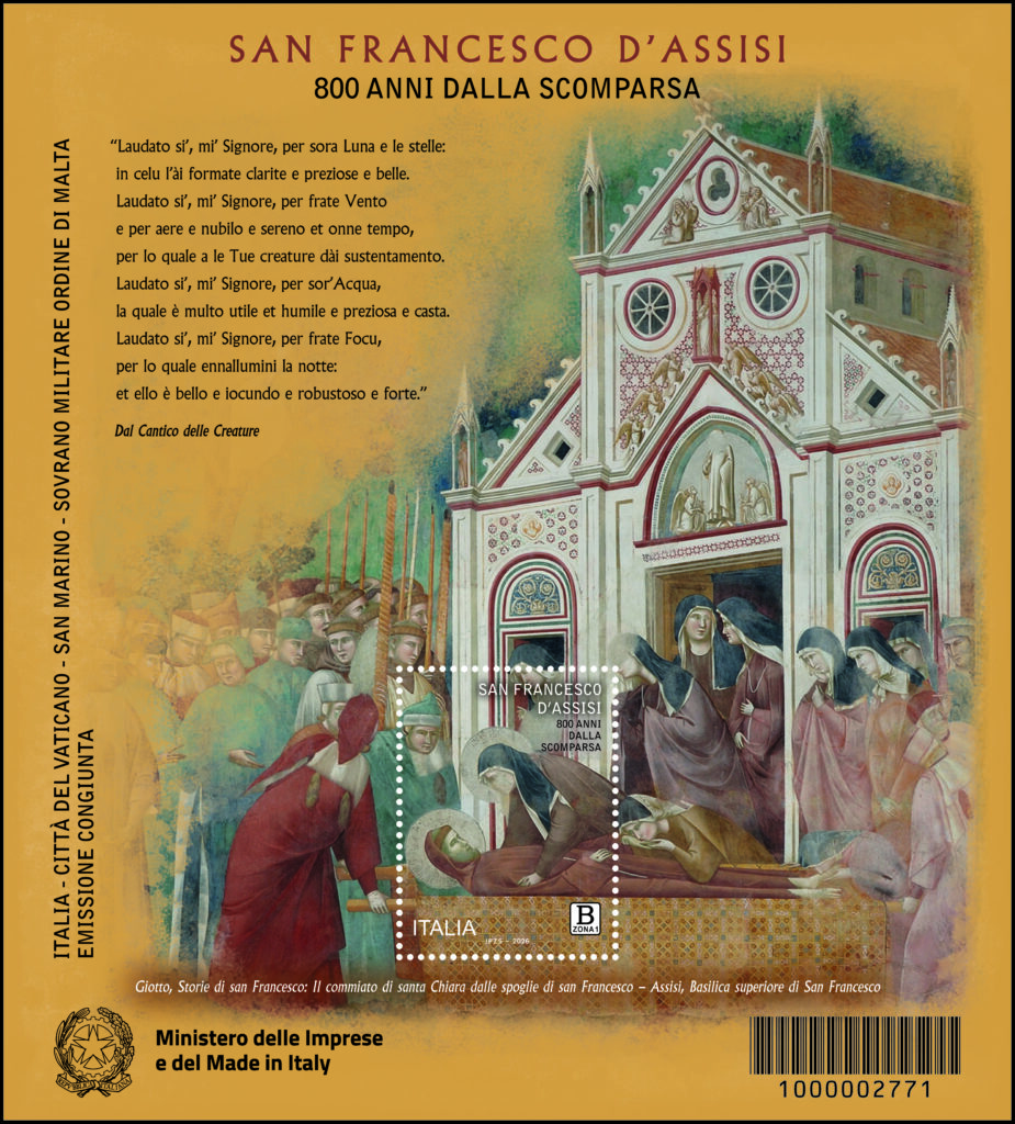 San Francesco d’Assisi, francobolli, filatelia, Poste Italiane, Cantico delle Creature, Giotto, Assisi, Vaticano, San Marino, Sovrano Militare Ordine di Malta