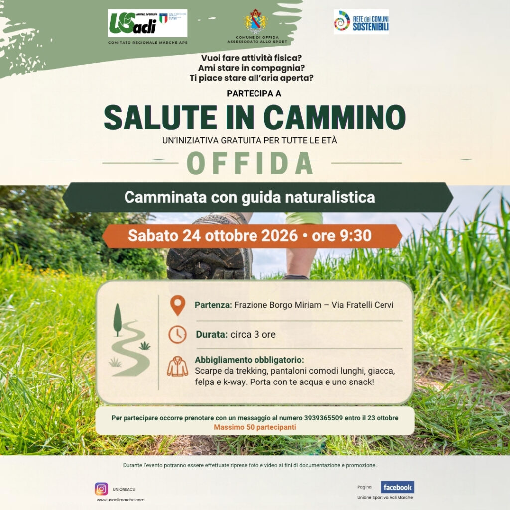 Offida, camminata gratuita, Borgo Miriam, U.S. Acli Marche, escursione naturalistica, 24 ottobre 2026, Regione Marche, Appignano del Tronto, attività fisica, eventi Piceno