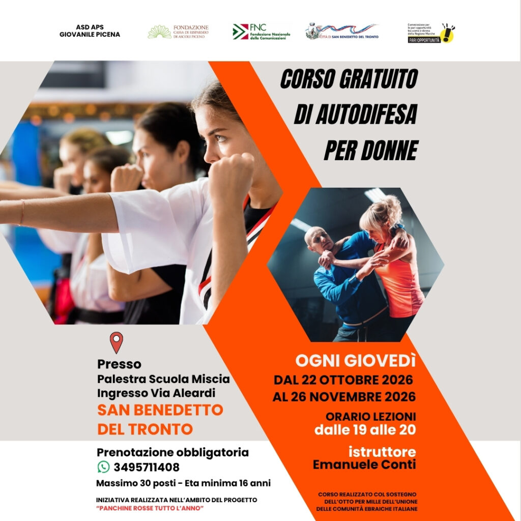 autodifesa femminile, San Benedetto del Tronto, corso gratuito, Panchine rosse tutto l’anno, Associazione Giovanile Picena, Emanuele Conti, Scuola Miscia, prevenzione violenza, donne, Ottobre Rosa