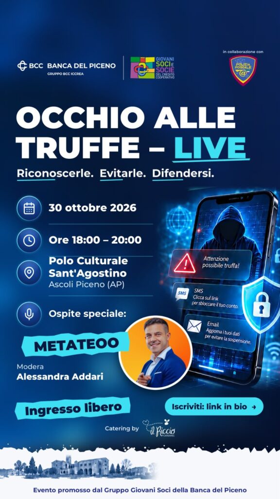Ascoli Piceno, truffe online, Metateoo, Banca del Piceno, Giovani Soci, Polizia Postale, sicurezza digitale, phishing, smishing, eventi