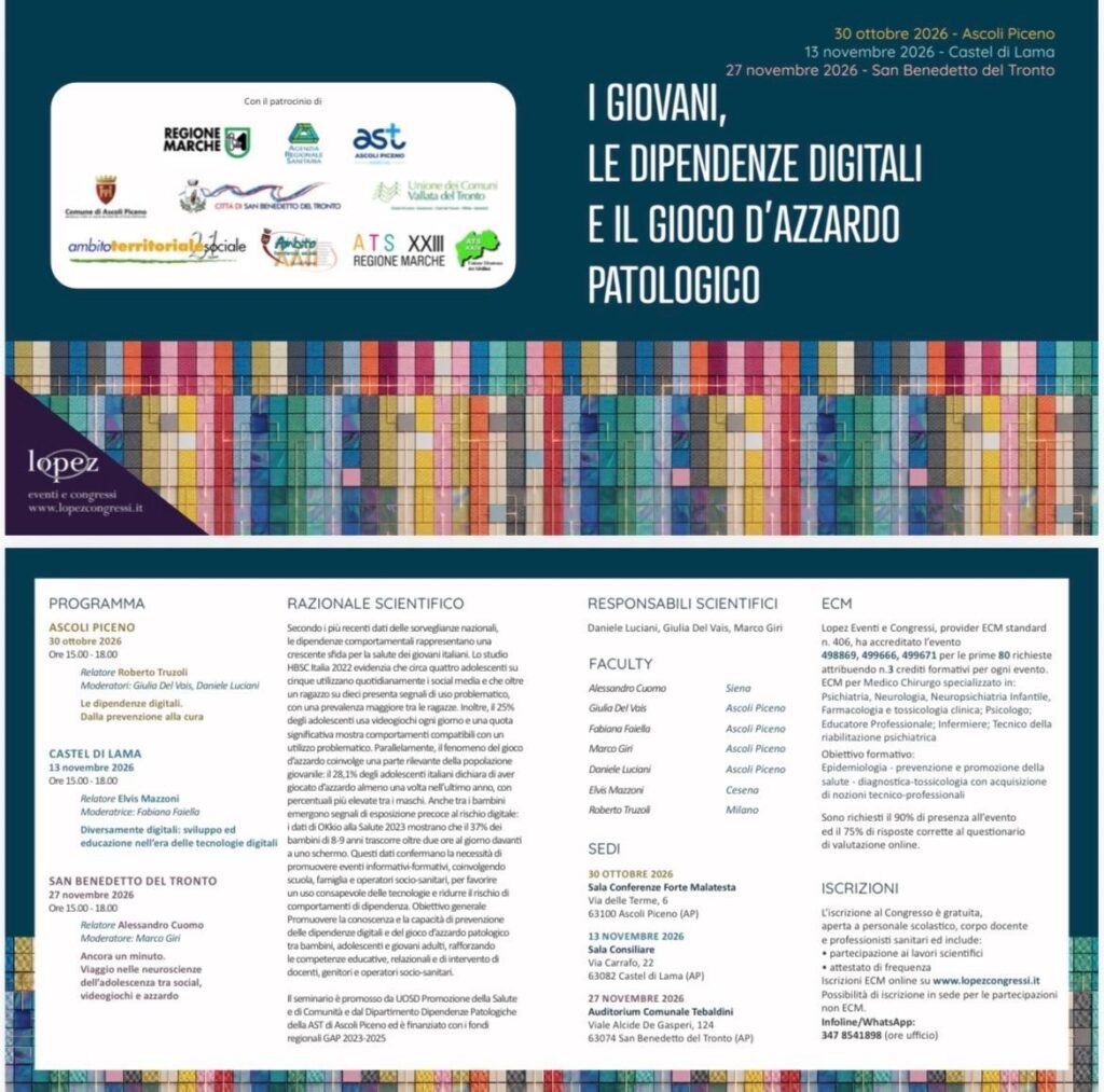 AST Ascoli, dipendenze digitali, gioco d’azzardo patologico, adolescenti, Ascoli Piceno, Castel di Lama, San Benedetto del Tronto, genitori, docenti, prevenzione